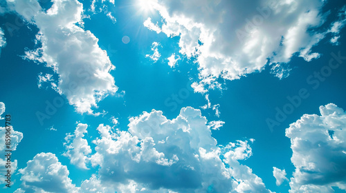 Look up to blue sky white clouds photography worm eye view camera angle shot photo