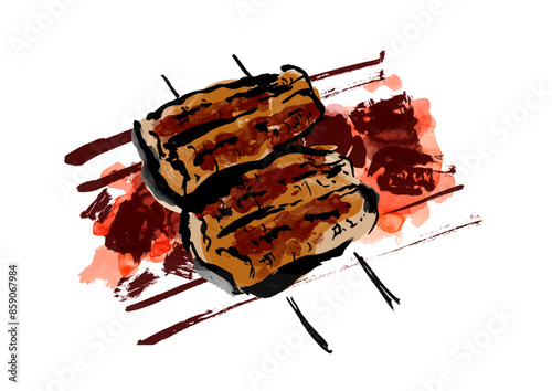 串に刺したうなぎの蒲焼きを炭火で焼いている手書きの和風筆書きイラスト