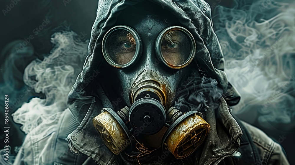 A man in a gas mask with smoke coming out of his mouth. A man in a gas mask with smoke coming out of his mouth.