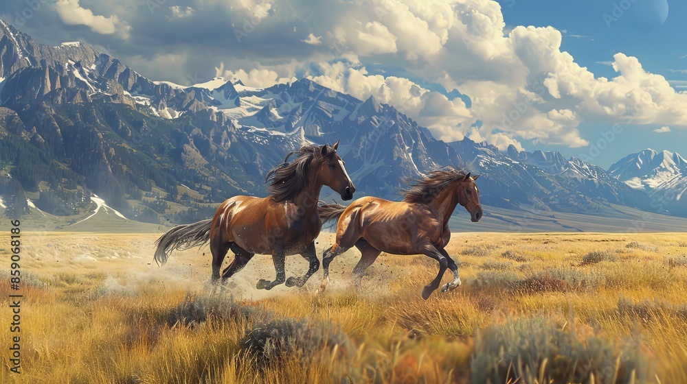 Two Horses Running Through a Mountain Meadow Two Horses Running Through a Mountain Meadow