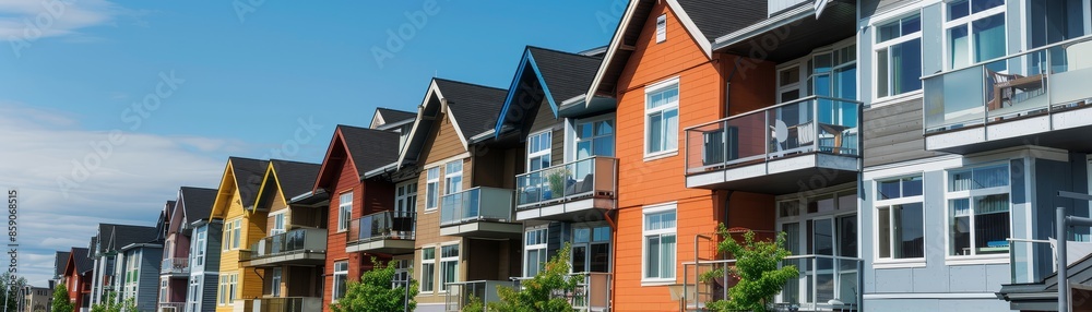 Colorful Row of Townhouses with Balconies - A row of colorful townhouses with balconies and windows under a bright blue sky. Colorful Row of Townhouses with Balconies - A row of colorful townhouses with balconies and windows under a bright blue sky.