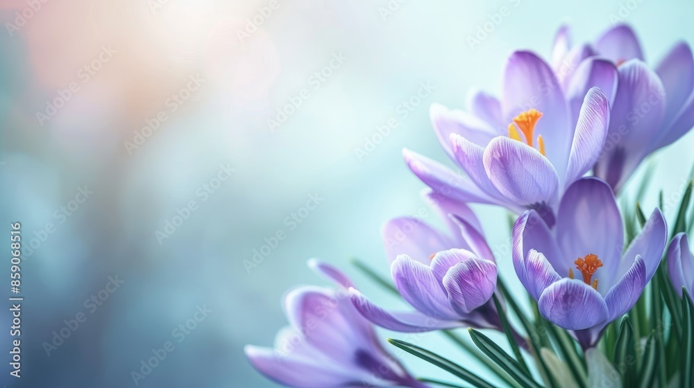 Fototapeta premium Tender violet crocus flowers in pastel hues on light blue backdrop with selective focus evoking spring