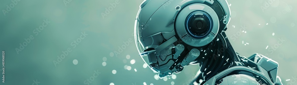 Futuristic Robot Head with Blue Glowing Lights - A robot's head, with a helmet and glowing blue lights, is seen in profile against a faded green background. The robot appears Futuristic Robot Head with Blue Glowing Lights - A robot's head, with a helmet and glowing blue lights, is seen in profile against a faded green background. The robot appears