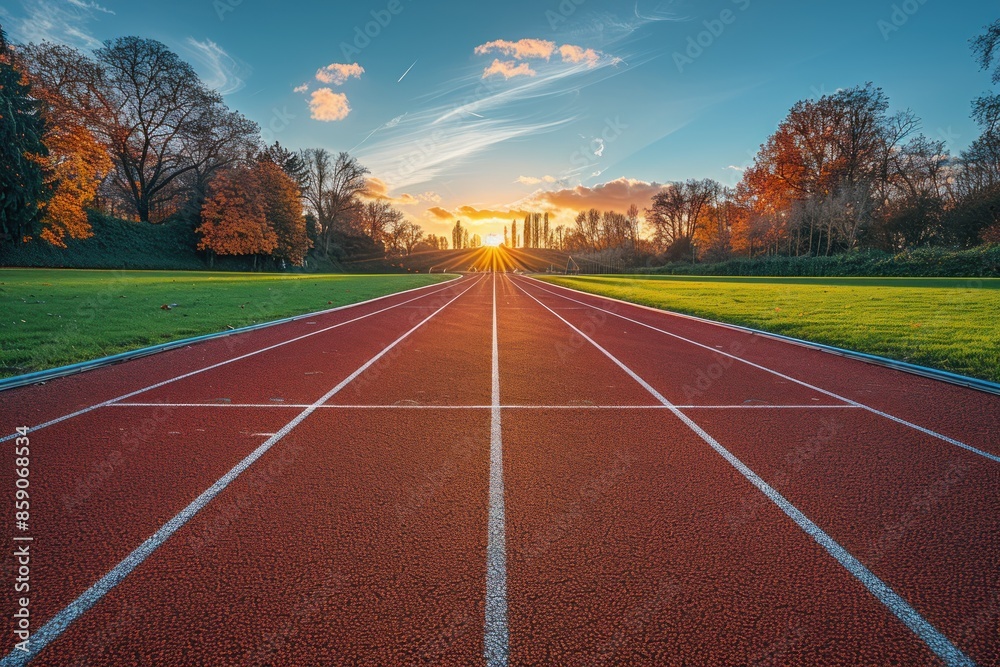 A red running track with white lines leading to the horizon stands in front of an open field and a blue sky with clouds. A red running track with white lines leading to the horizon stands in front of an open field and a blue sky with clouds.