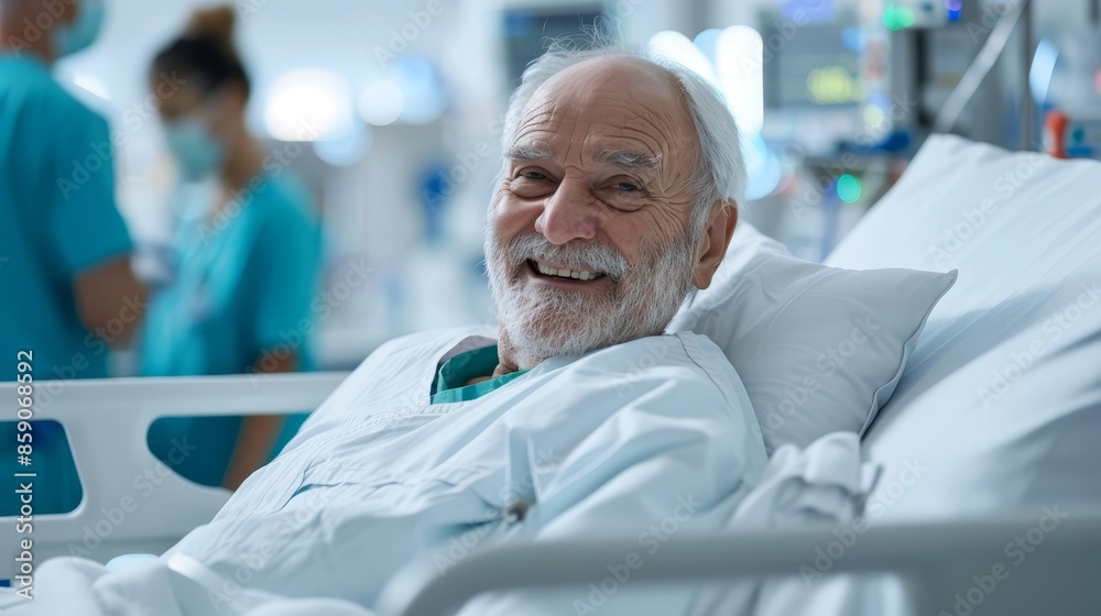 Smiling Elderly Man in Hospital Bed - A senior man with white hair and a beard smiles while lying in a hospital bed. Smiling Elderly Man in Hospital Bed - A senior man with white hair and a beard smiles while lying in a hospital bed.