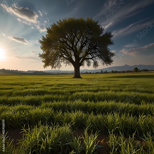 Spighe di frumento d'ondeggiamento dalla fine. Primo piano di grande campo di grano acerbo verde ancora che ondeggia nel vento e spleso di sole della molla
