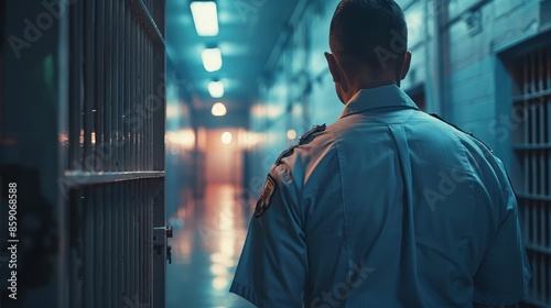 A lone Security Guard Patrols a Prison Corridor - A security guard, seen from behind, walks down a dimly lit prison corridor with bars visible in the background.