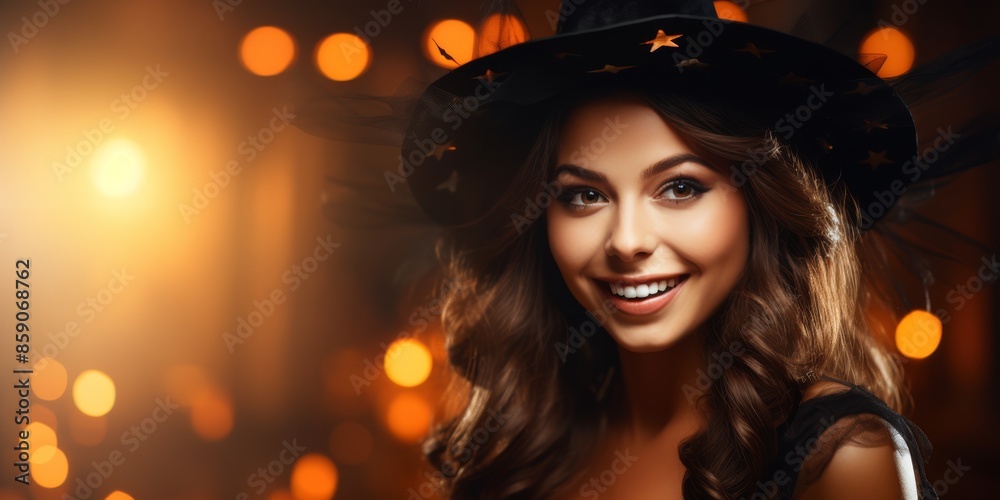Beautiful young woman in a black witch costume with a starry hat, smiling brightly. She stands against a warmly lit background with glowing orange bokeh, creating a festive Halloween atmosphere Beautiful young woman in a black witch costume with a starry hat, smiling brightly. She stands against a warmly lit background with glowing orange bokeh, creating a festive Halloween atmosphere