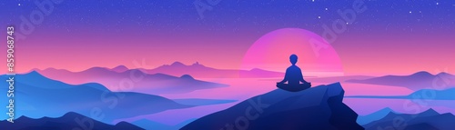Silhouette of a Meditator Against a Vibrant Sunset - A solitary figure sits in meditation on a mountaintop, silhouetted against a stunning sunset with a starry sky. The scene is vibrant 
