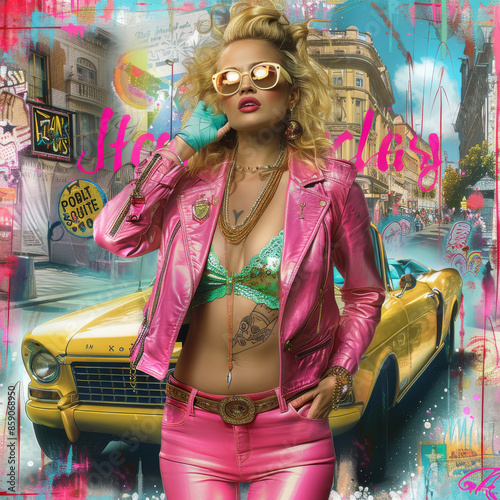 Retro Style Woman in Pink Fashion Outfit with Vintage Car