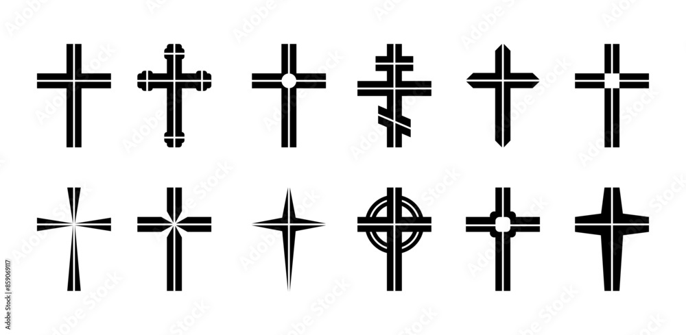 Divided cross set, silhouette of religious Christian symbol, icon shape collection Divided cross set, silhouette of religious Christian symbol, icon shape collection