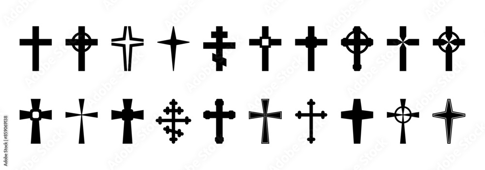 Cross set, silhouette of religious Christian symbol, icon shape collection