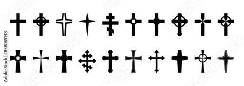 Cross set, silhouette of religious Christian symbol, icon shape collection