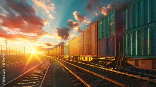 A cargo train carrying containers on the railway photo