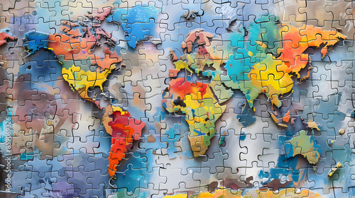 Colorful jigsaw puzzles come together to create a map. Each piece reveals a unique region. and connected to each other The complete map emphasizes the diversity and unity of the various areas.