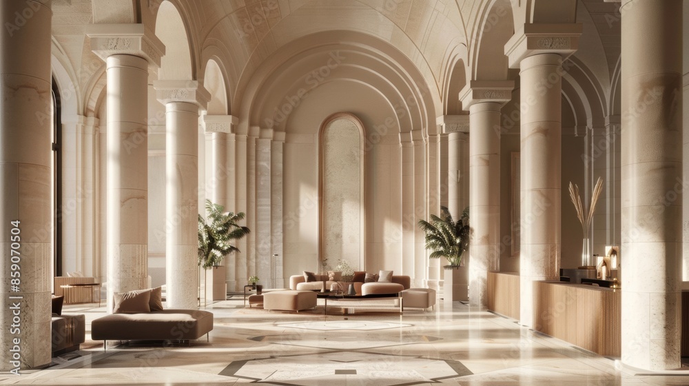Fototapeta premium Grand Interior with Tall Columns and Arches.