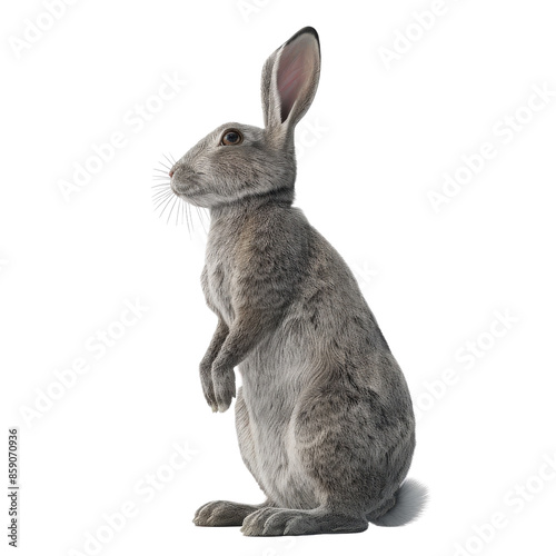 Photo of a gray rabbit standing upright on its hind legs. Perfect for spring, nature, or Easter themes. photo