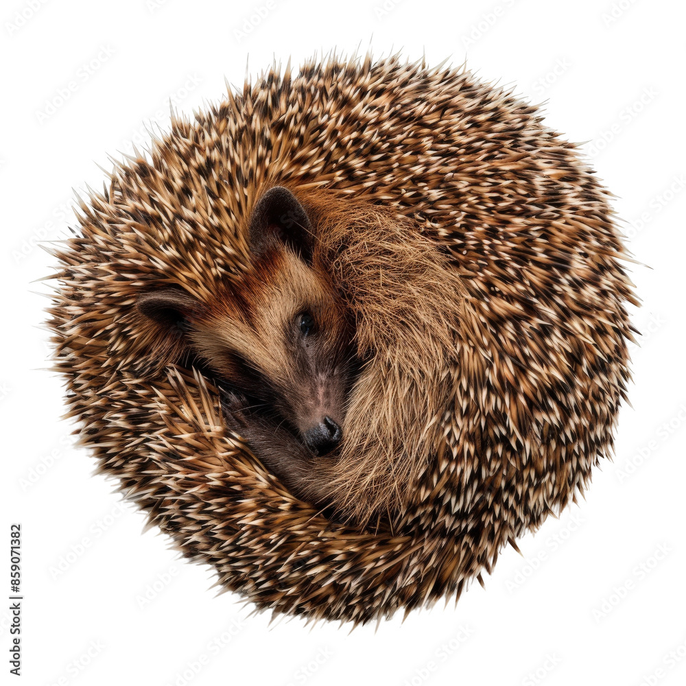 Fototapeta premium Close-up of a curled hedgehog with patterned spines, isolated on a plain white background. Perfect for wildlife and nature-themed projects.