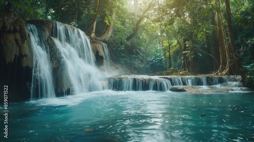 Jungle Rain Forest. Nature Scenic Landscape of Erawan Waterfall in Siam's Deep Tropical Jungle