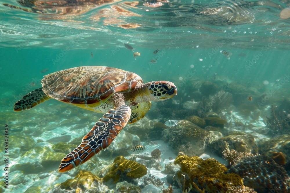 Sea Turtle Swimming in the Crystal Clear Water