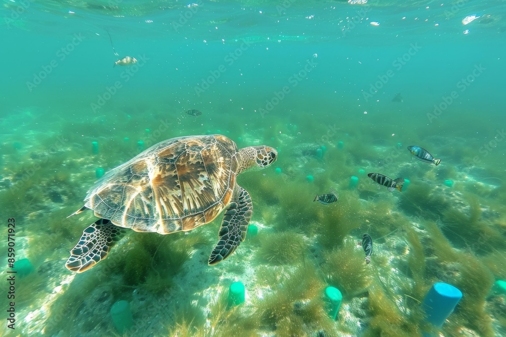 Sea Turtle Swimming Through Green Underwater Landscape
