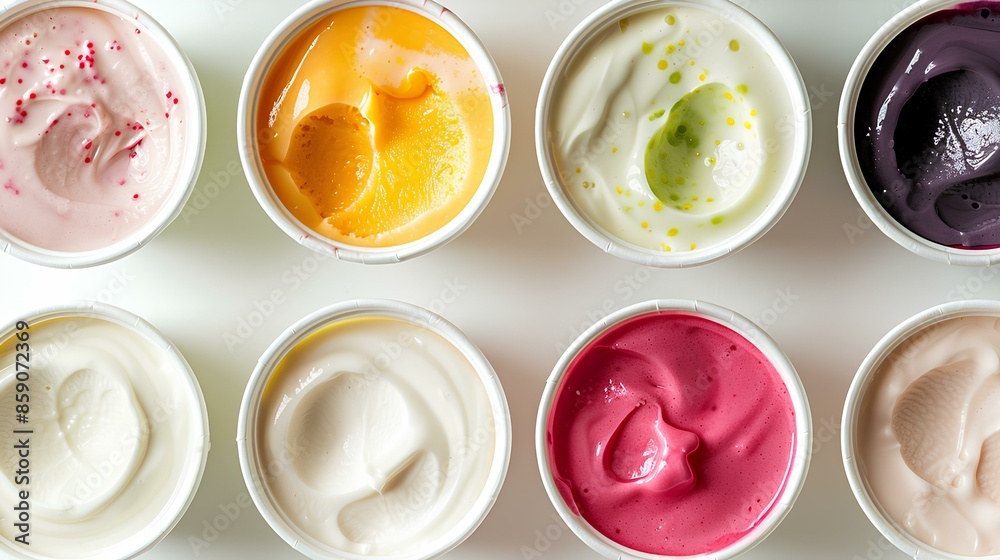 A variety of yogurt cups in different flavors are displayed from a top-down perspective. A variety of yogurt cups in different flavors are displayed from a top-down perspective.