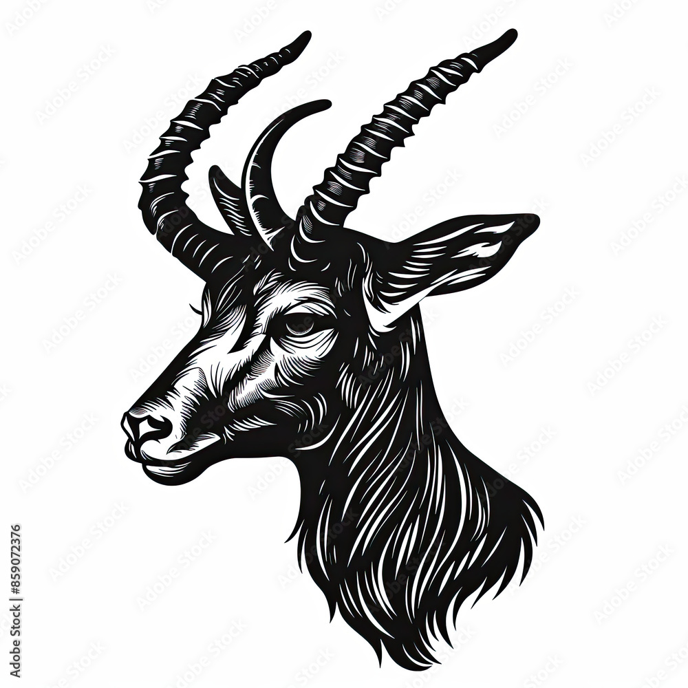 Fototapeta premium A black and white drawing of a goat 's head with long horns