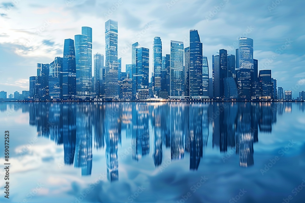 Fototapeta premium Modern city skyline with skyscrappers and reflection created with Generative AI