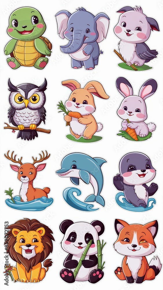 Naklejka premium Adorable Cartoon Animal Stickers Collection Featuring Cute Turtle, Owl, Giraffe, Eagle, Elephant, Deer, Panda, Dolphin, Lion, and Fox Illustrations