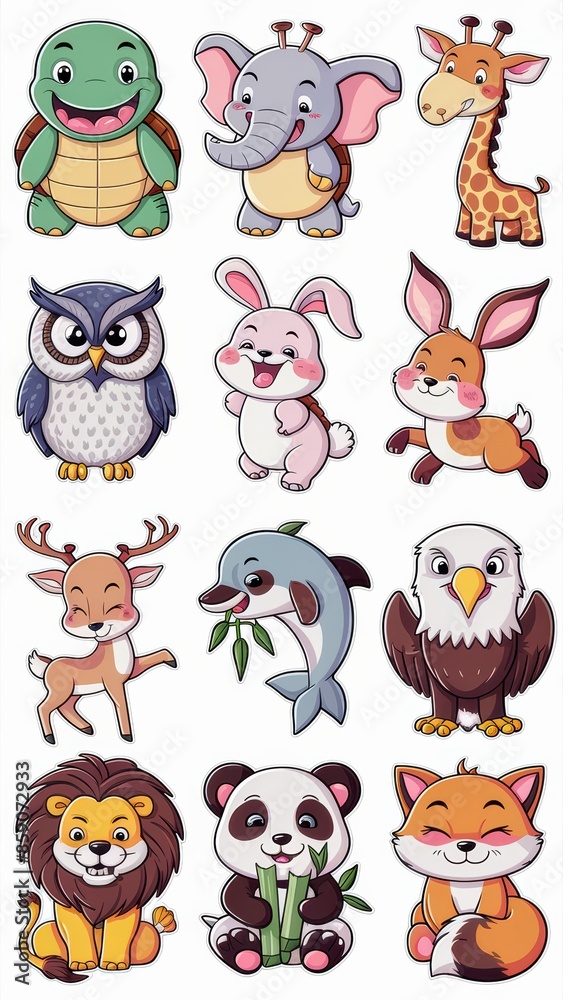 Obraz premium Adorable Cartoon Animal Stickers Collection Featuring Cute Turtle, Owl, Giraffe, Eagle, Elephant, Deer, Panda, Dolphin, Lion, and Fox Illustrations