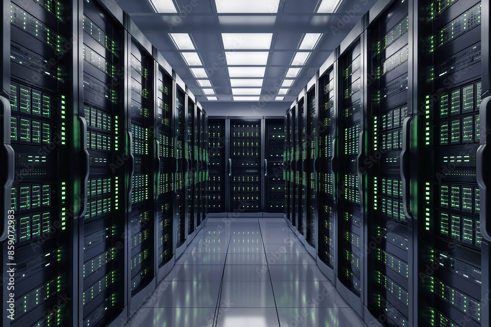 High-tech server room with multiple server racks filled with advanced supercomputer servers, showcasing a modern technology concept background. High-tech server room with multiple server racks filled with advanced supercomputer servers, showcasing a modern technology concept background.