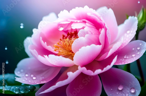 Lovely delicate pink peony flower in raindrops,dew