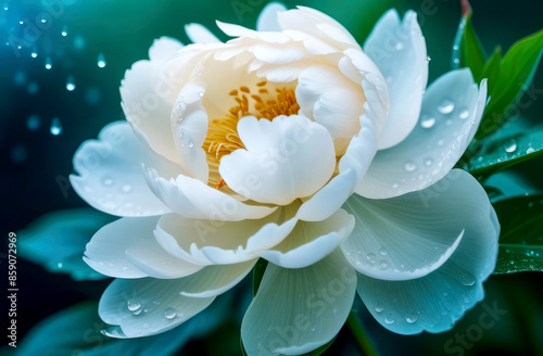 Lovely delicate white peony flower in raindrops,dew