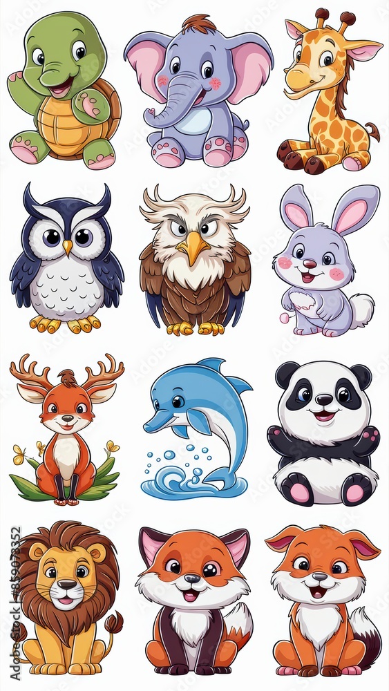 Naklejka premium Adorable Cartoon Animal Stickers Collection Featuring Cute Turtle, Owl, Giraffe, Eagle, Elephant, Deer, Panda, Dolphin, Lion, and Fox Illustrations