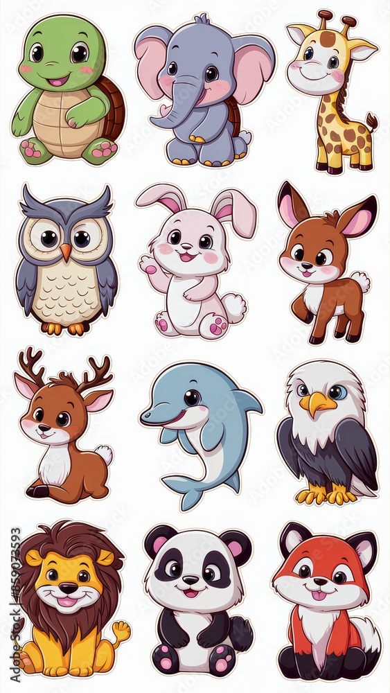Naklejka premium Adorable Cartoon Animal Stickers Collection Featuring Cute Turtle, Owl, Giraffe, Eagle, Elephant, Deer, Panda, Dolphin, Lion, and Fox Illustrations