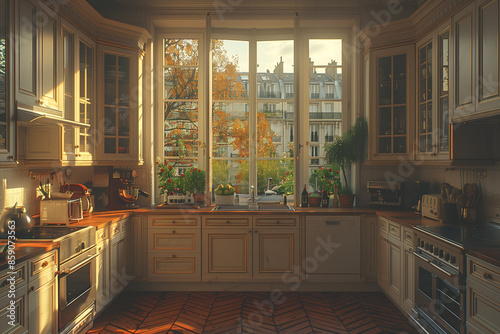 Chic apartment interior in Paris with minimalist design, featuring herringbone wood textures, warm golden hour lighting, soft shadows, and elegant tones for a serene, clutter-free, and stylish living 
