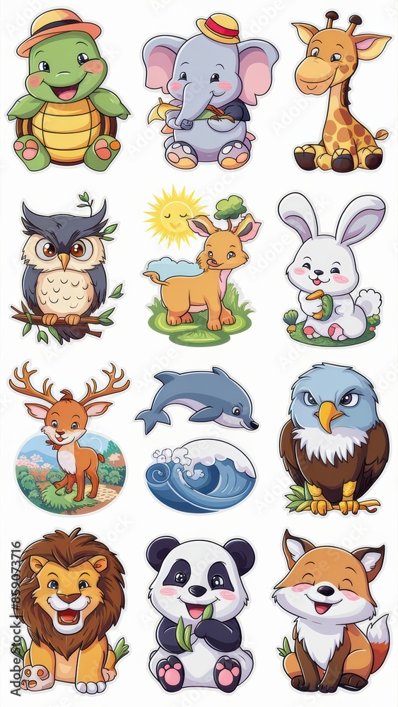 Adorable Cartoon Animal Stickers Collection Featuring Cute Turtle, Owl, Giraffe, Eagle, Elephant, Deer, Panda, Dolphin, Lion, and Fox Illustrations Adorable Cartoon Animal Stickers Collection Featuring Cute Turtle, Owl, Giraffe, Eagle, Elephant, Deer, Panda, Dolphin, Lion, and Fox Illustrations