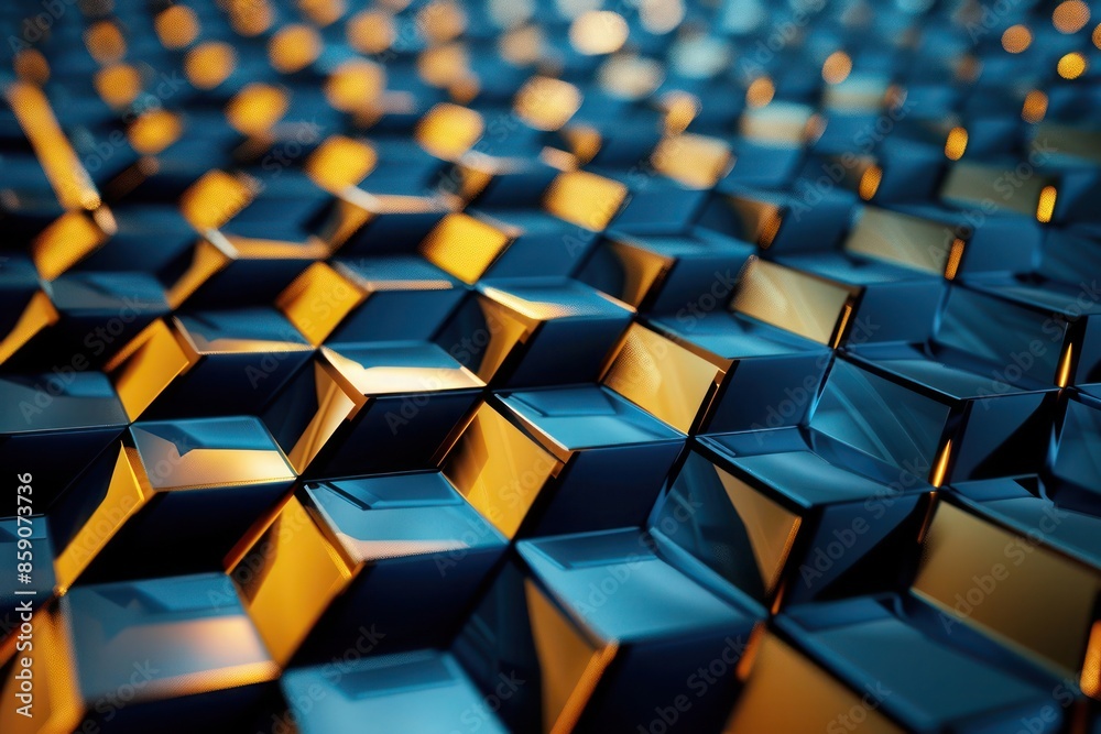 Abstract Background, a sleek 3D honeycomb pattern in blue and gold, with precise geometric alignment and vivid contrasts, Abstract Background, a sleek 3D honeycomb pattern in blue and gold, with precise geometric alignment and vivid contrasts,