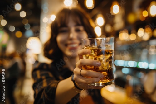 Smiling Woman Celebrating Success Toasting at a Bar With a Cocktail