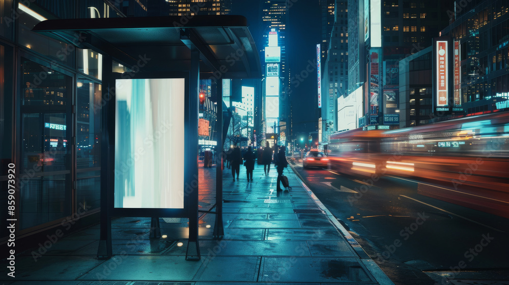 Night bustle meets futuristic city lights, as people move amidst vibrant neon signs and streaking car lights on a busy street. Night bustle meets futuristic city lights, as people move amidst vibrant neon signs and streaking car lights on a busy street.
