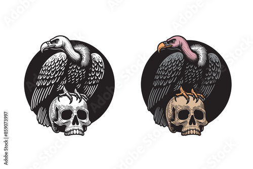 A vulture bird sitting on a human skull. Vintage engraving vector illustration, sketch, tattoo, print, emblem. isolated object, cut out