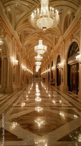Grand hallway with marble floors, chandeliers, opulent interior decorations. © Abdul