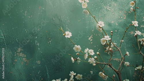 Blooming plum tree branches on green background spring theme Text space above photo