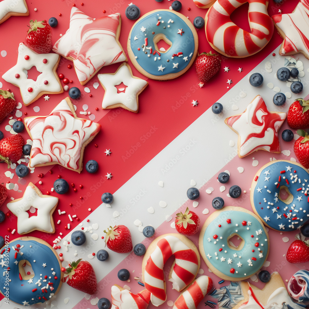 Festive Fourth of July Flat Lay with Star-Shaped Cookies, Donuts with Red, White, and Blue Icing, Strawberries, and Blueberries - Perfect for Holiday Celebrations Festive Fourth of July Flat Lay with Star-Shaped Cookies, Donuts with Red, White, and Blue Icing, Strawberries, and Blueberries - Perfect for Holiday Celebrations