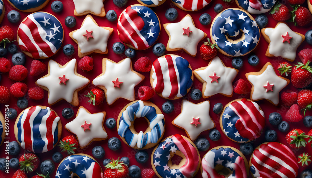 Festive Fourth of July Flat Lay with Star-Shaped Cookies, Donuts with Red, White, and Blue Icing, Strawberries, and Blueberries - Perfect for Holiday Celebrations Festive Fourth of July Flat Lay with Star-Shaped Cookies, Donuts with Red, White, and Blue Icing, Strawberries, and Blueberries - Perfect for Holiday Celebrations