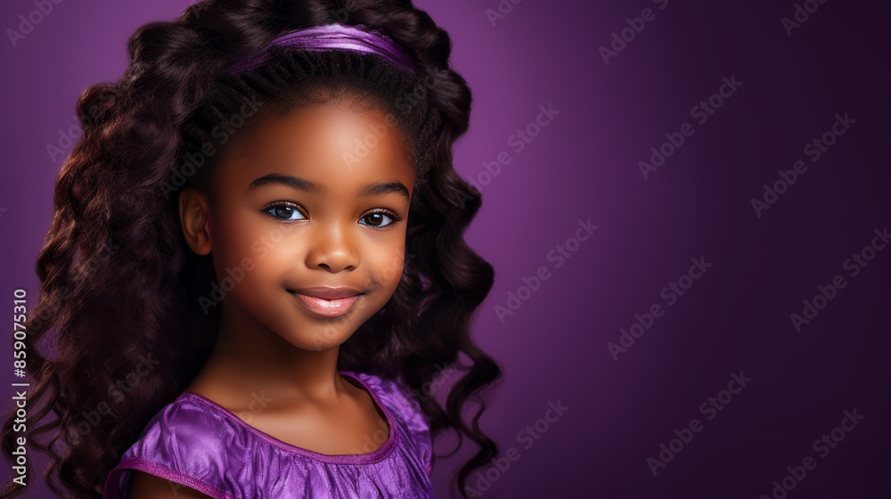 Fototapeta premium Portrait of smiling cute African American child girl with perfect skin, purple background, banner.