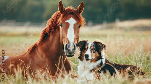 Horse and Dog Companionship in a Field of Grass photo