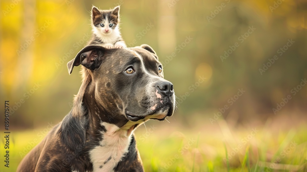 Dog with a Kitten on Its Head in a Sunny Meadow Dog with a Kitten on Its Head in a Sunny Meadow