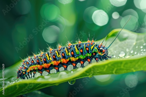 A colorful caterpillar on a green leaf in a close-up macro photoA colorful caterpillar on a green leaf in a close-up macro photo photo
