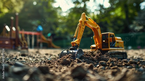a toy plastic excavator forgotten on a children's playground